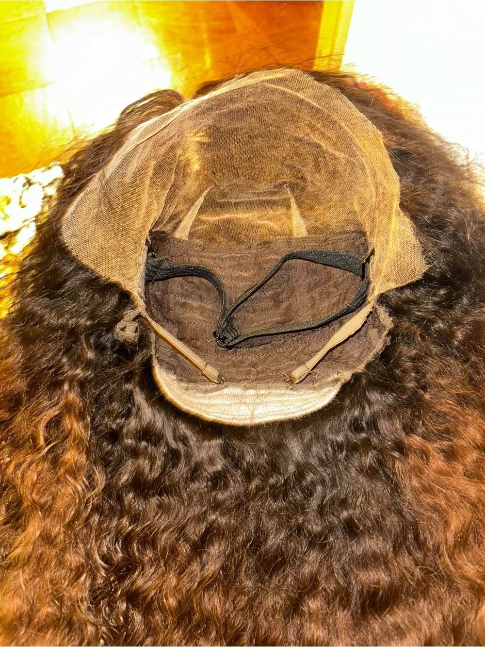 Natural Curly Brown Wig with Honey Blonde Highlights - Unbranded